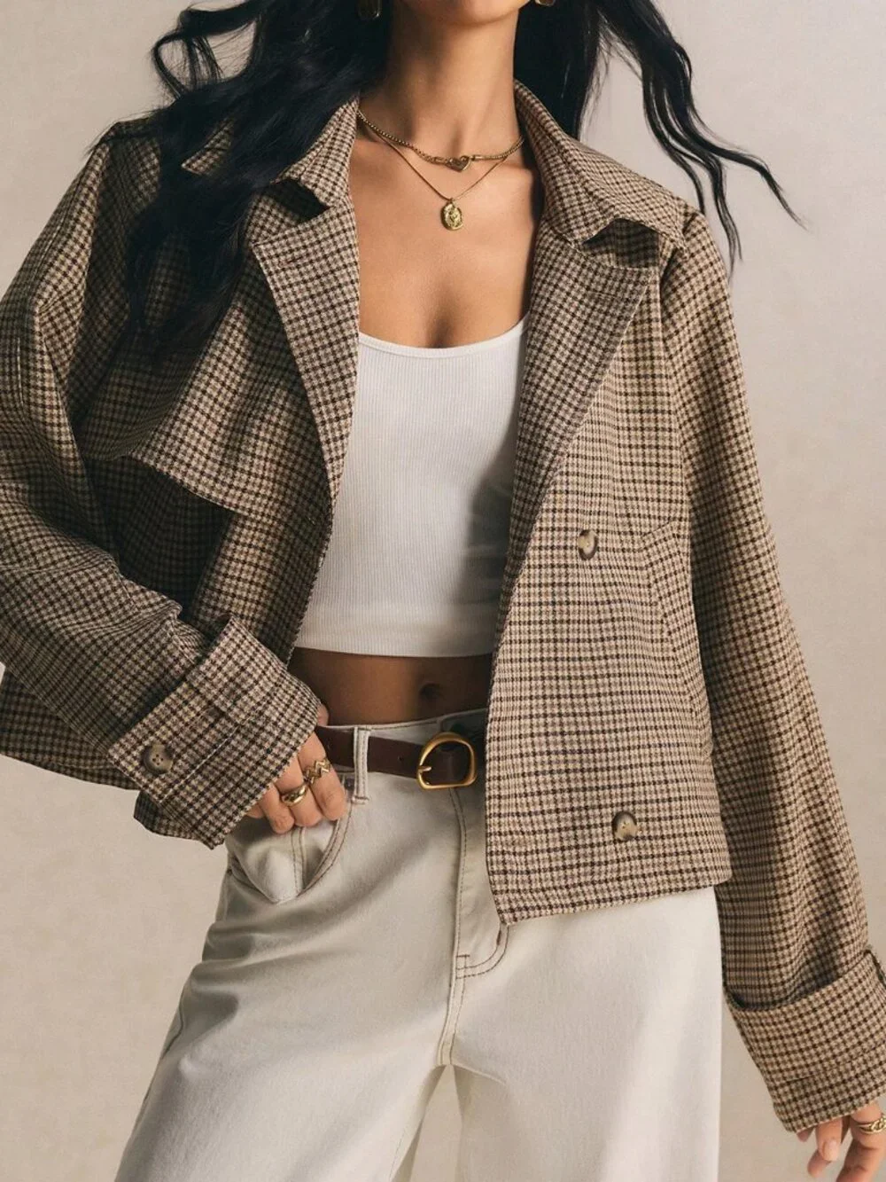 Coffee Brown Casual Women's French Plaid Elegant Short Trench Coat